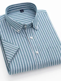 Men's Dress Shirt Striped Shirt Button Down Shirt Oxford Shirt Stripe Wedding Office & Career Black Light Green Royal Blue Blue Short Sleeve Shirt Collar Summer Clothing Apparel Print