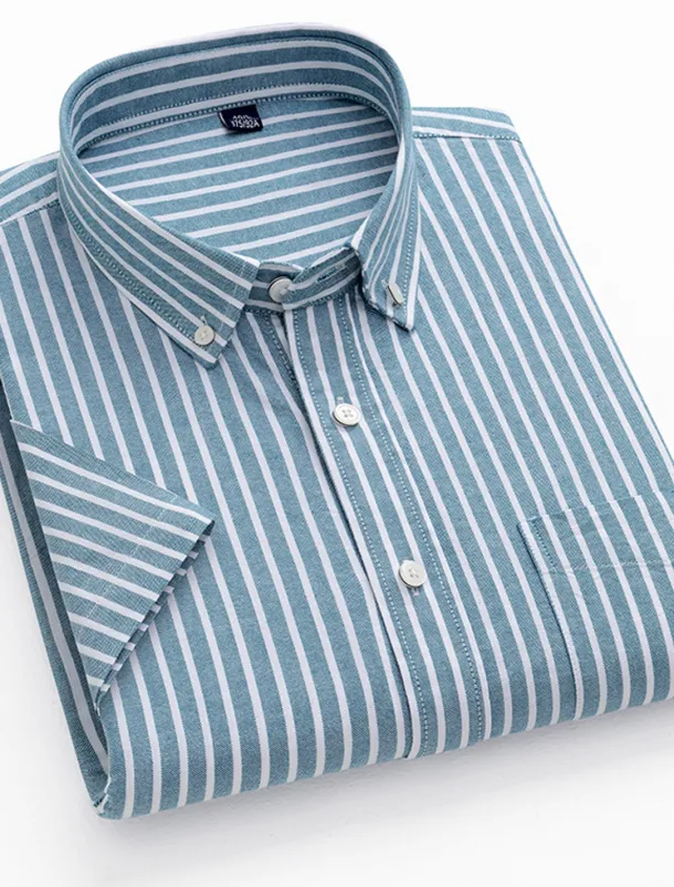 Men's Dress Shirt Striped Shirt Button Down Shirt Oxford Shirt Stripe Wedding Office & Career Black Light Green Royal Blue Blue Short Sleeve Shirt Collar Summer Clothing Apparel Print