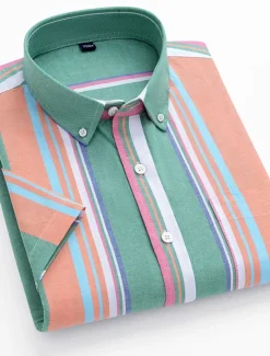 Men's Dress Shirt Striped Shirt Button Down Shirt Oxford Shirt Stripe Wedding Office & Career Black Light Green Royal Blue Blue Short Sleeve Shirt Collar Summer Clothing Apparel Print