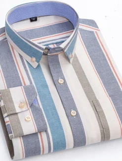 Men's Dress Shirt Striped Shirt Button Down Shirt Non Iron Shirt Oxford Shirt Plaid / Striped / Chevron / Round Wedding Office & Career Light Blue Dark Red Red Dark Navy Long Sleeve Shirt Collar All