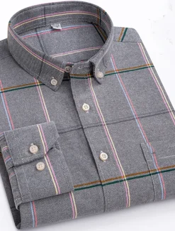 Men's Dress Shirt Striped Shirt Button Down Shirt Non Iron Shirt Oxford Shirt Plaid / Striped / Chevron / Round Wedding Office & Career Light Blue Dark Red Red Dark Navy Long Sleeve Shirt Collar All