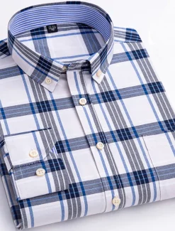 Men's Dress Shirt Striped Shirt Button Down Shirt Non Iron Shirt Oxford Shirt Plaid / Striped / Chevron / Round Wedding Office & Career Light Blue Dark Red Red Dark Navy Long Sleeve Shirt Collar All