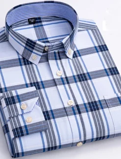 Men's Dress Shirt Striped Shirt Button Down Shirt Non Iron Shirt Oxford Shirt Plaid / Striped / Chevron / Round Wedding Office & Career Light Blue Dark Red Red Dark Navy Long Sleeve Shirt Collar All