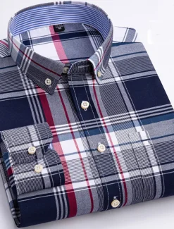 Men's Dress Shirt Striped Shirt Button Down Shirt Non Iron Shirt Oxford Shirt Plaid / Striped / Chevron / Round Wedding Office & Career Light Blue Dark Red Red Dark Navy Long Sleeve Shirt Collar All