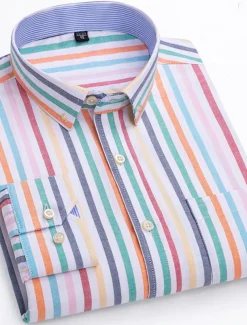 Men's Dress Shirt Striped Shirt Button Down Shirt Non Iron Shirt Oxford Shirt Plaid / Striped / Chevron / Round Wedding Office & Career Light Blue Dark Red Red Dark Navy Long Sleeve Shirt Collar All