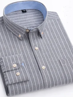 Men's Dress Shirt Striped Shirt Button Down Shirt Non Iron Shirt Oxford Shirt Plaid / Striped / Chevron / Round Wedding Office & Career Light Blue Dark Red Red Dark Navy Long Sleeve Shirt Collar All