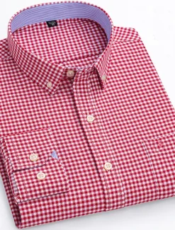 Men's Dress Shirt Striped Shirt Button Down Shirt Non Iron Shirt Oxford Shirt Plaid / Striped / Chevron / Round Wedding Office & Career Light Blue Dark Red Red Dark Navy Long Sleeve Shirt Collar All