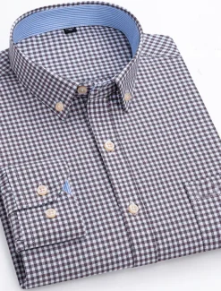 Men's Dress Shirt Striped Shirt Button Down Shirt Non Iron Shirt Oxford Shirt Plaid / Striped / Chevron / Round Wedding Office & Career Light Blue Dark Red Red Dark Navy Long Sleeve Shirt Collar All
