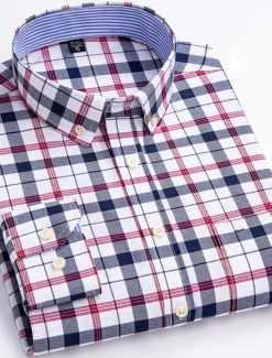 Men's Dress Shirt Striped Shirt Button Down Shirt Non Iron Shirt Oxford Shirt Plaid / Striped / Chevron / Round Wedding Office & Career Light Blue Dark Red Red Dark Navy Long Sleeve Shirt Collar All