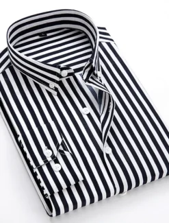 Men's Dress Shirt Striped Shirt Button Down Shirt Collared Shirt Striped Wedding Daily Black White Red Navy Blue Long Sleeve Classic Collar Clothing Apparel