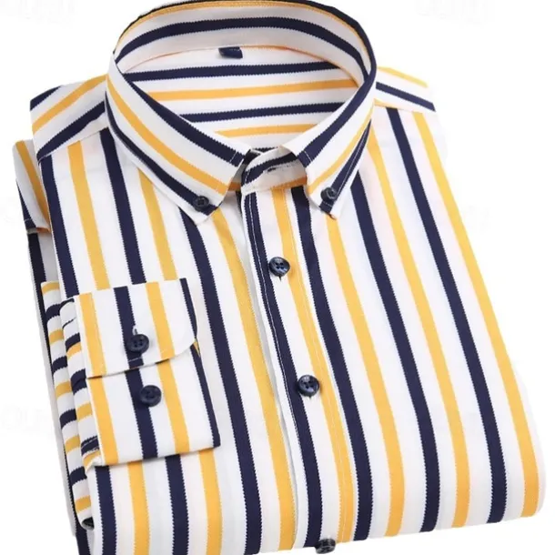 Men's Dress Shirt Striped Shirt Wrinkle Resistant Stretch Wedding Outdoor Light Blue Black Yellow Navy Blue Long Sleeve Collar Summer Spring Clothing Apparel