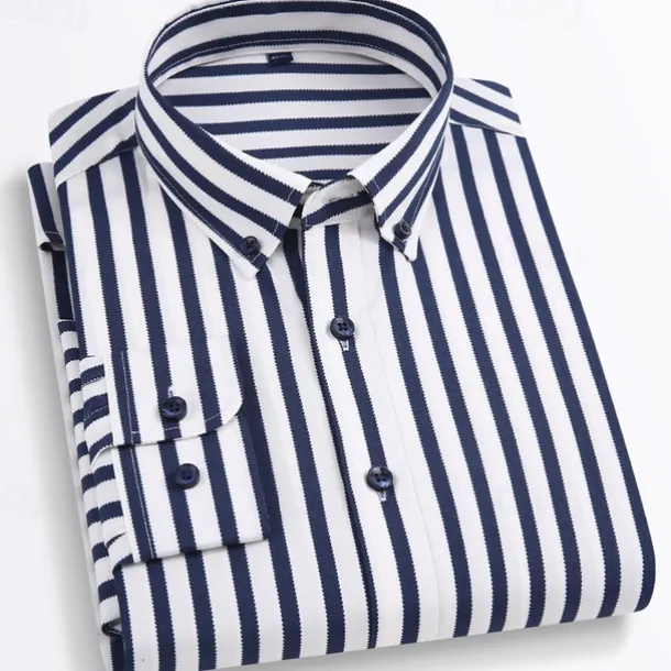 Men's Dress Shirt Striped Shirt Wrinkle Resistant Stretch Wedding Outdoor Light Blue Black Yellow Navy Blue Long Sleeve Collar Summer Spring Clothing Apparel