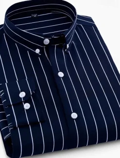 Men's Dress Shirt Striped Shirt Wrinkle Resistant Stretch Stripes and Plaid Wedding Office & Career Black Yellow Dark Pink Red Long Sleeve Turndown All Seasons Clothing Apparel