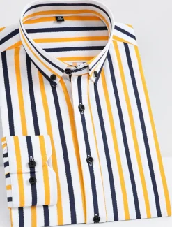 Men's Dress Shirt Striped Shirt Wrinkle Resistant Stretch Stripes and Plaid Wedding Office & Career Black Yellow Dark Pink Red Long Sleeve Turndown All Seasons Clothing Apparel