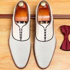 Men's Dress Shoes Perforated Brown Leather Sleek Lace-Up Oxford