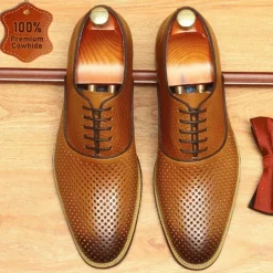Men's Dress Shoes Perforated Brown Leather Sleek Lace-Up Oxford