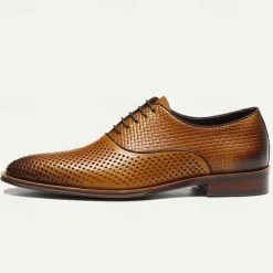 Men's Dress Shoes Perforated Brown Leather Sleek Lace-Up Oxford