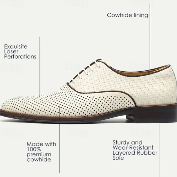 Men's Dress Shoes Perforated Brown Leather Sleek Lace-Up Oxford