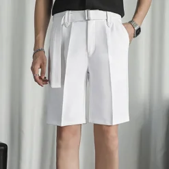 Men's Dress Shorts Summer Shorts Bermuda shorts Work Shorts Pleated Plain Outdoor Going out Fashion Streetwear Black White Micro-elastic