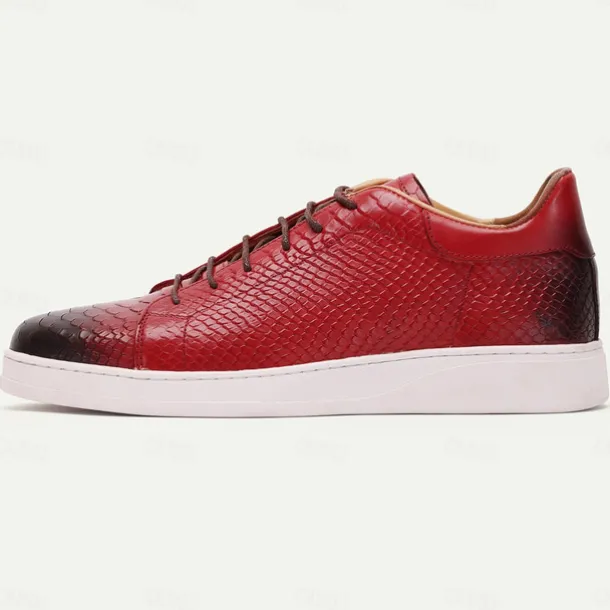 Men's Dress Sneakers Leather Italian Full-Grain Cowhide Slip Resistant Lace-up Black Red