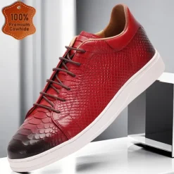 Men's Dress Sneakers Leather Italian Full-Grain Cowhide Slip Resistant Lace-up Black Red