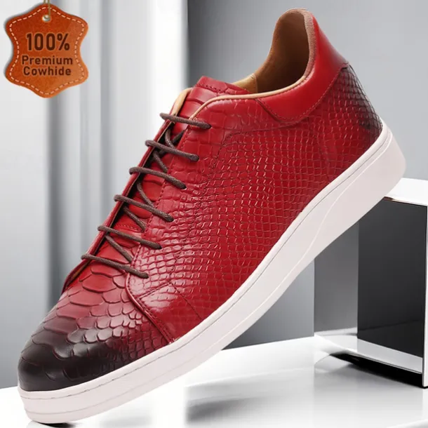 Men's Dress Sneakers Leather Italian Full-Grain Cowhide Slip Resistant Lace-up Black Red