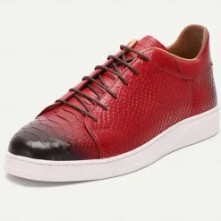 Men's Dress Sneakers Leather Italian Full-Grain Cowhide Slip Resistant Lace-up Black Red