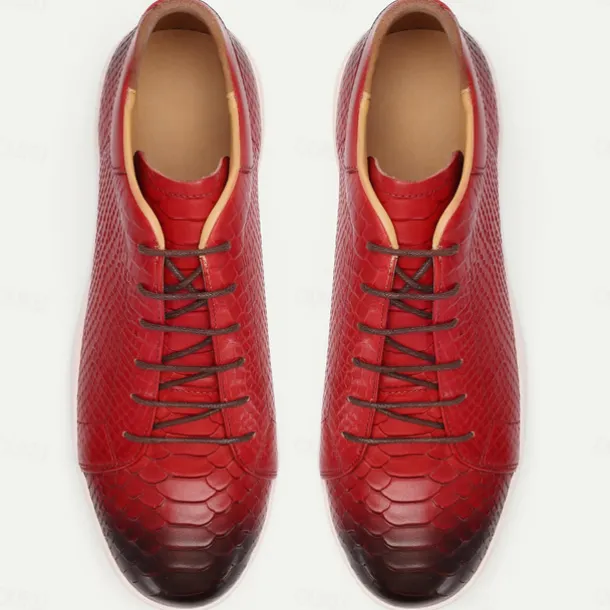 Men's Dress Sneakers Leather Italian Full-Grain Cowhide Slip Resistant Lace-up Black Red
