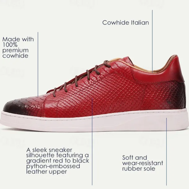 Men's Dress Sneakers Leather Italian Full-Grain Cowhide Slip Resistant Lace-up Black Red