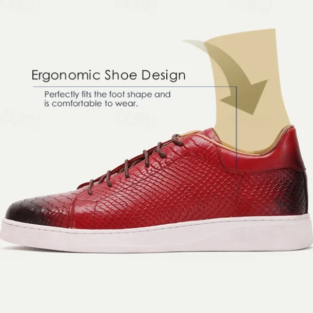 Men's Dress Sneakers Leather Italian Full-Grain Cowhide Slip Resistant Lace-up Black Red