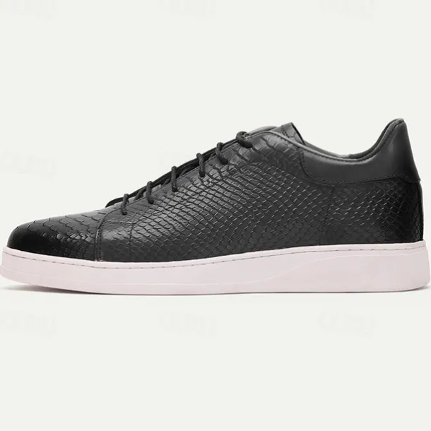 Men's Dress Sneakers Leather Italian Full-Grain Cowhide Slip Resistant Lace-up Black Red