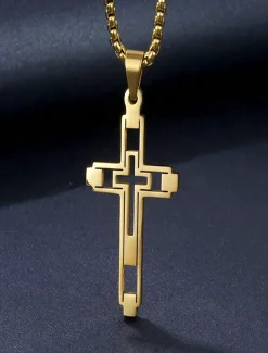 Men's Dual-Tone Stainless Steel Cross Pendant Necklace – Silver and Gold Finish, Modern Religious Jewelry