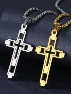 Men's Dual-Tone Stainless Steel Cross Pendant Necklace – Silver and Gold Finish, Modern Religious Jewelry