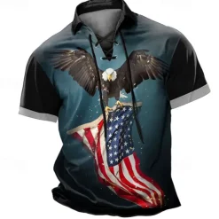 Men's Eagle American Flag Polo Shirts Golf Polos Shirts Short Sleeve Polo Shirts Lace Up Neck Vintage Outdoor Daily Wear Streetwear 3D Print Summer Red Blue