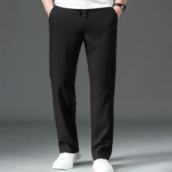 Men's Easy Care Cotton Linen Athletic Pants Active Pants Trousers Drawstring Elastic Drawstring Waist Solid Color Wearable Full Length Formal Wedding Outdoor Elegant Vacation Light Khaki Black Micro-e