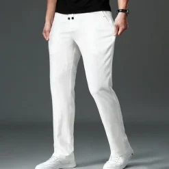 Men's Easy Care Cotton Linen Athletic Pants Active Pants Trousers Drawstring Elastic Drawstring Waist Solid Color Wearable Full Length Formal Wedding Outdoor Elegant Vacation Light Khaki Black Micro-e