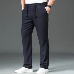 Men's Easy Care Cotton Linen Athletic Pants Active Pants Trousers Drawstring Elastic Drawstring Waist Solid Color Wearable Full Length Formal Wedding Outdoor Elegant Vacation Light Khaki Black Micro-e