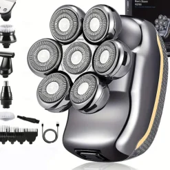 Men's Electric Head Shaver Razor - Rechargeable Cordless Hair Shaving Razors For Bald Man 6 In 1 Waterproof Wet Dry Beard Trimmer Body Hair Cutting Clipper Grooming Kit 7 Rotary Heads