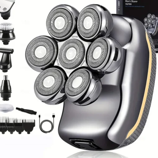 Men's Electric Head Shaver Razor - Rechargeable Cordless Hair Shaving Razors For Bald Man 6 In 1 Waterproof Wet Dry Beard Trimmer Body Hair Cutting Clipper Grooming Kit 7 Rotary Heads