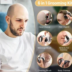 Men's Electric Head Shaver Razor - Rechargeable Cordless Hair Shaving Razors For Bald Man 6 In 1 Waterproof Wet Dry Beard Trimmer Body Hair Cutting Clipper Grooming Kit 7 Rotary Heads
