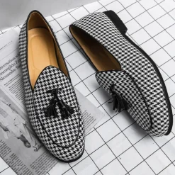 Men's Elegant Houndstooth Loafers with Tassel - Perfect for Weddings and Parties