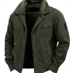 Men's Embroidered Fleece Jacket Sherpa Trucker Jacket Work Cargo Jacket Turn-Down Collar Warm Winter Cotton Jacket Vintage Casual Going Out Coat Multi-Pockets