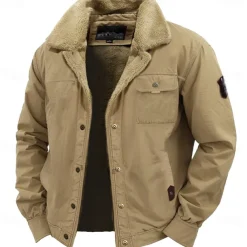Men's Embroidered Fleece Jacket Sherpa Trucker Jacket Work Cargo Jacket Turn-Down Collar Warm Winter Cotton Jacket Vintage Casual Going Out Coat Multi-Pockets