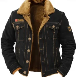 Men's Embroidered Fleece Jacket Cargo Jacket Turndown Collar Long Sleeve Military Tactical Jacket Vintage Thermal Warm Winter Outwear Multiple Pockets Button Front Cotton Coat Black Army Green