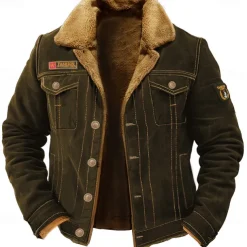 Men's Embroidered Fleece Jacket Cargo Jacket Turndown Collar Long Sleeve Military Tactical Jacket Vintage Thermal Warm Winter Outwear Multiple Pockets Button Front Cotton Coat Black Army Green