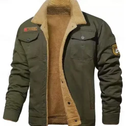 Men's Embroidered Fleece Jacket Cargo Jacket Turndown Collar Long Sleeve Military Tactical Jacket Vintage Thermal Warm Winter Outwear Multiple Pockets Button Front Cotton Coat Black khaki Army Green