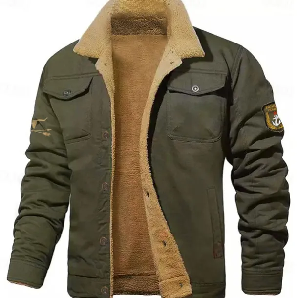 Men's Embroidered Fleece Jacket Cargo Jacket Cow Print Turndown Collar Long Sleeve Military Tactical Jacket Vintage Thermal Warm Winter Outwear Multiple Pockets Button Front Cotton Coat