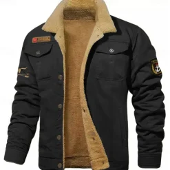 Men's Embroidered Fleece Jacket Cargo Jacket Cow Print Turndown Collar Long Sleeve Military Tactical Jacket Vintage Thermal Warm Winter Outwear Multiple Pockets Button Front Cotton Coat