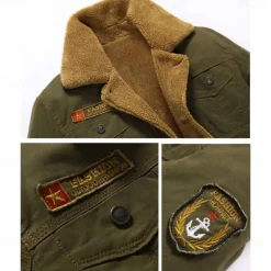 Men's Embroidered Fleece Jacket Cargo Jacket Cow Print Turndown Collar Long Sleeve Military Tactical Jacket Vintage Thermal Warm Winter Outwear Multiple Pockets Button Front Cotton Coat