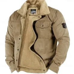 Men's Embroidered Fleece Jacket Sherpa Trucker Jacket Work Cargo Jacket Turn-Down Collar Warm Winter Cotton Jacket Vintage Casual Going Out Coat Multi-Pockets
